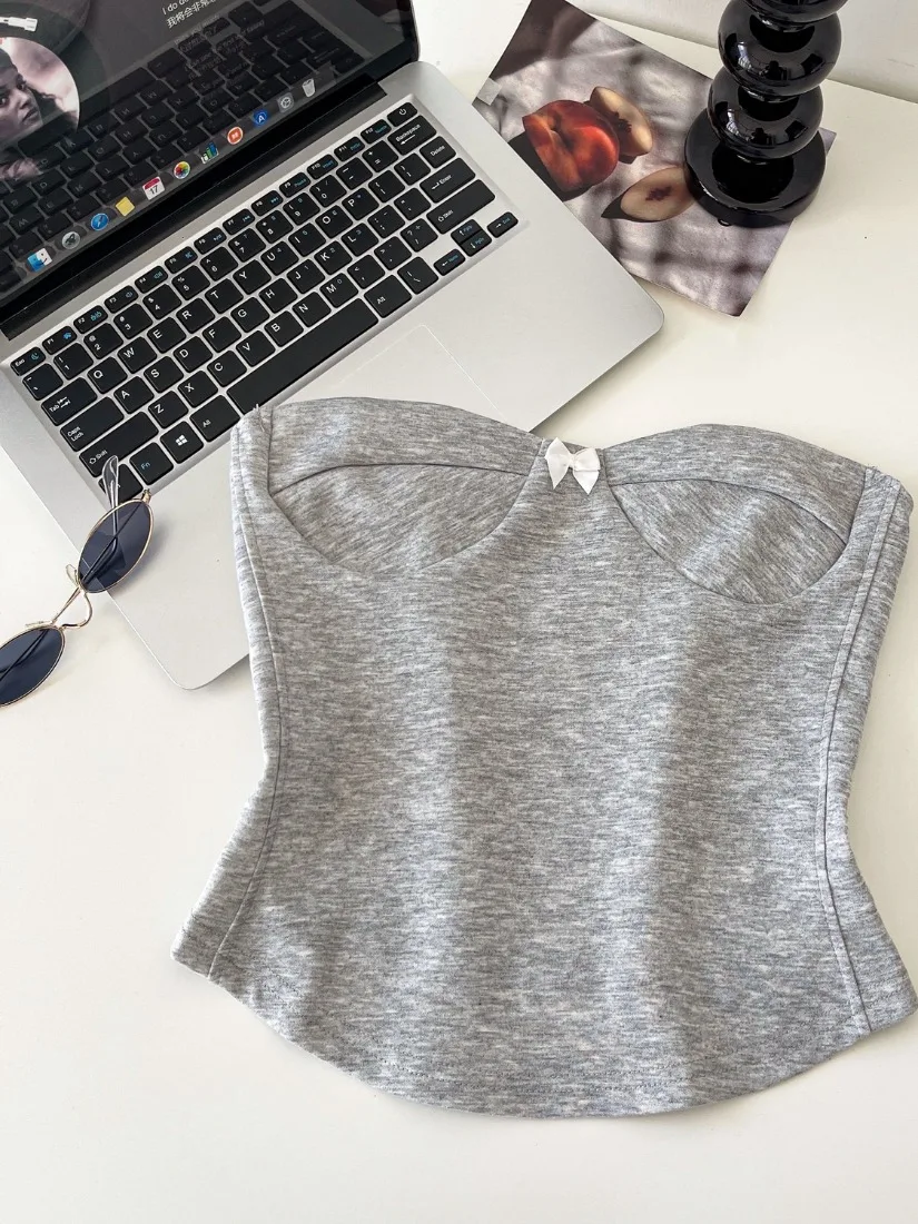 

Foamlina Grey Strapless Tank Top for Women Fashion Summer Bow Sleeveless Slim Fit Elastic Crop Top Female Casual Tube Tops