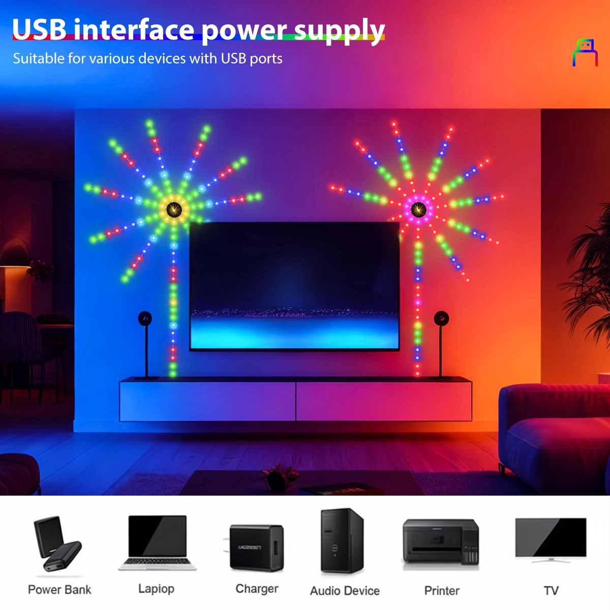 1 قطعة RGB الألعاب النارية مرنة LED قطاع أضواء 5 فولت USB مع بلوتوث عن بعد صوت المنشط أضواء زينة عيد الميلاد لغرفة النوم