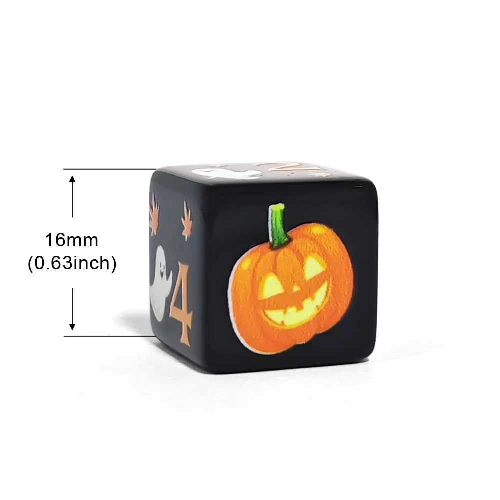 12Pcs 16MM Black Acrylic D6 Dice, Halloween Pumpkin Ghost Maple Leaf Printed Six Sided Game Cubes For DND RPG Tabletop Board view 4