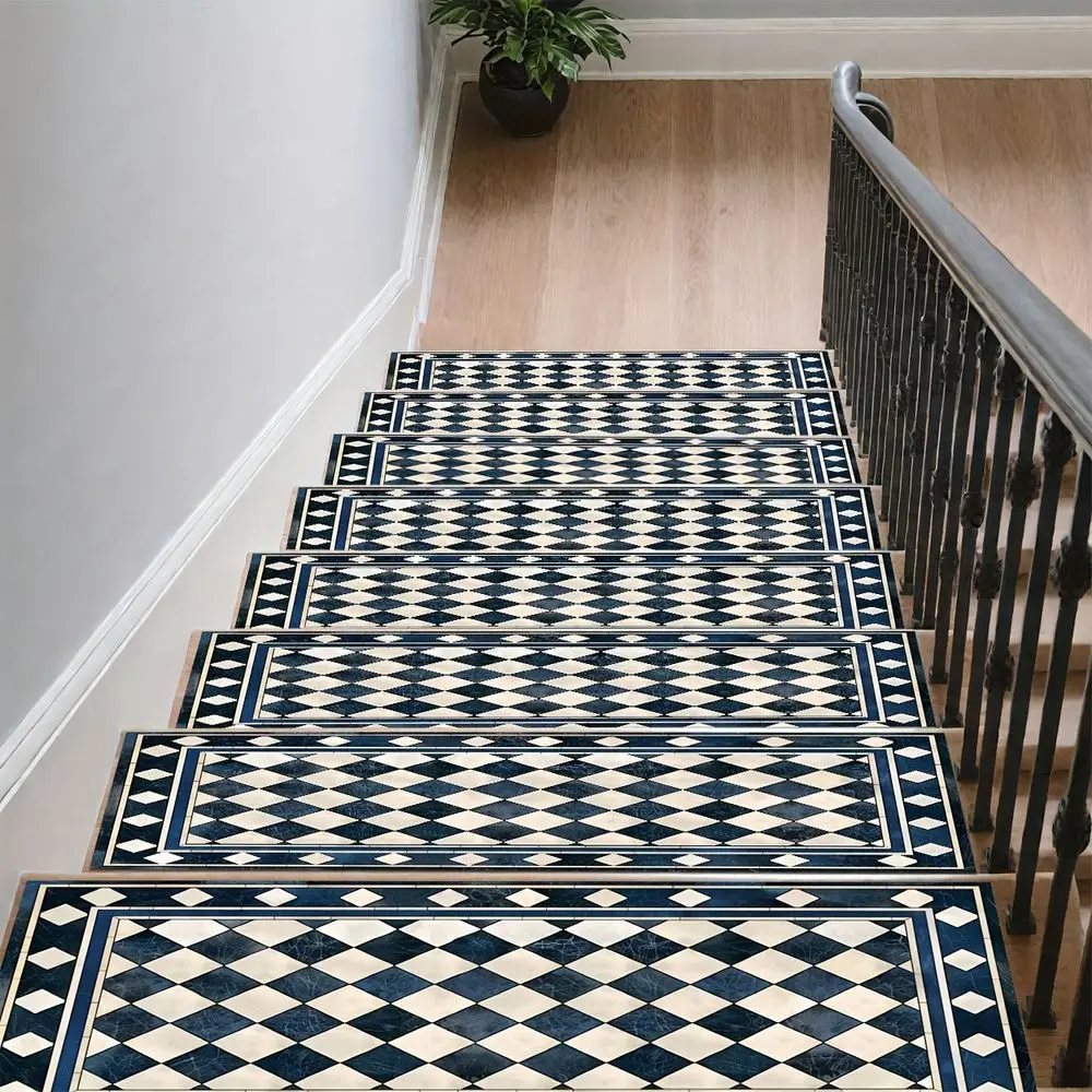VIKAMA White Mosaic Patterned Printed Stair Mat for Stair Treads - Protecting Steps, Anti-Slip Steps for Seniors and Children