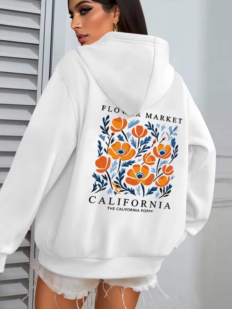 Sweat à capuche pour femme en molleton, imprimé motif marché des fleurs jaunes Californie, coupe ample, polyvalent, pull décontracté pour l'automne, vêtement de sport
