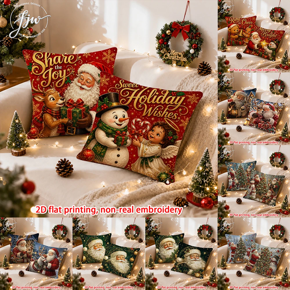 2pcs  Christmas Throw Pillow Covers Set of 2 Vintage Xmas Santa Snowman Reindeer Holiday Cushion Cases for Home Sofa Decor