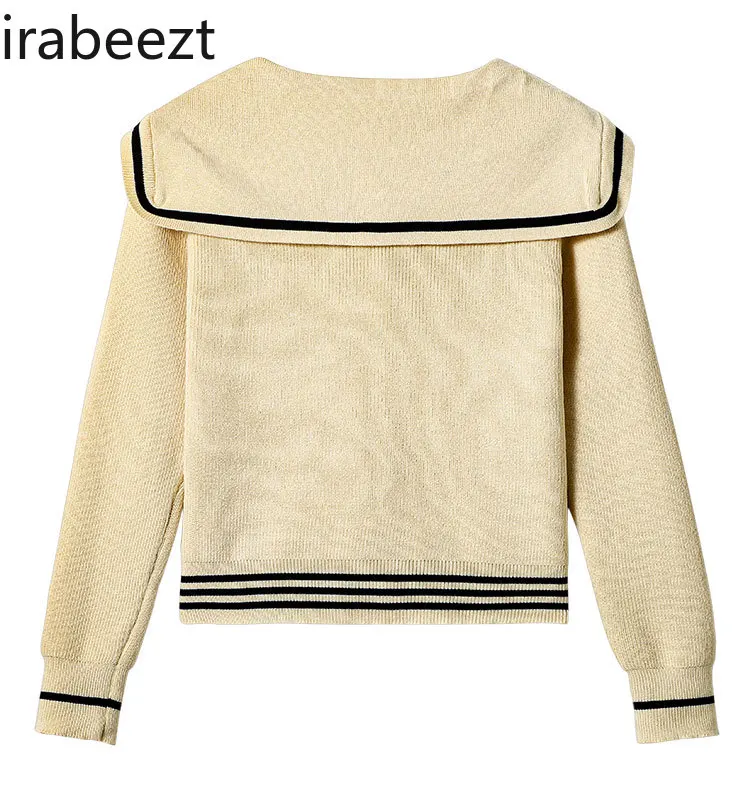 Navy Collar Rose Tie Sweater Women's Autumn and Winter New Bottoming Shirt College Style Slim Womans Long Sleeve Tops