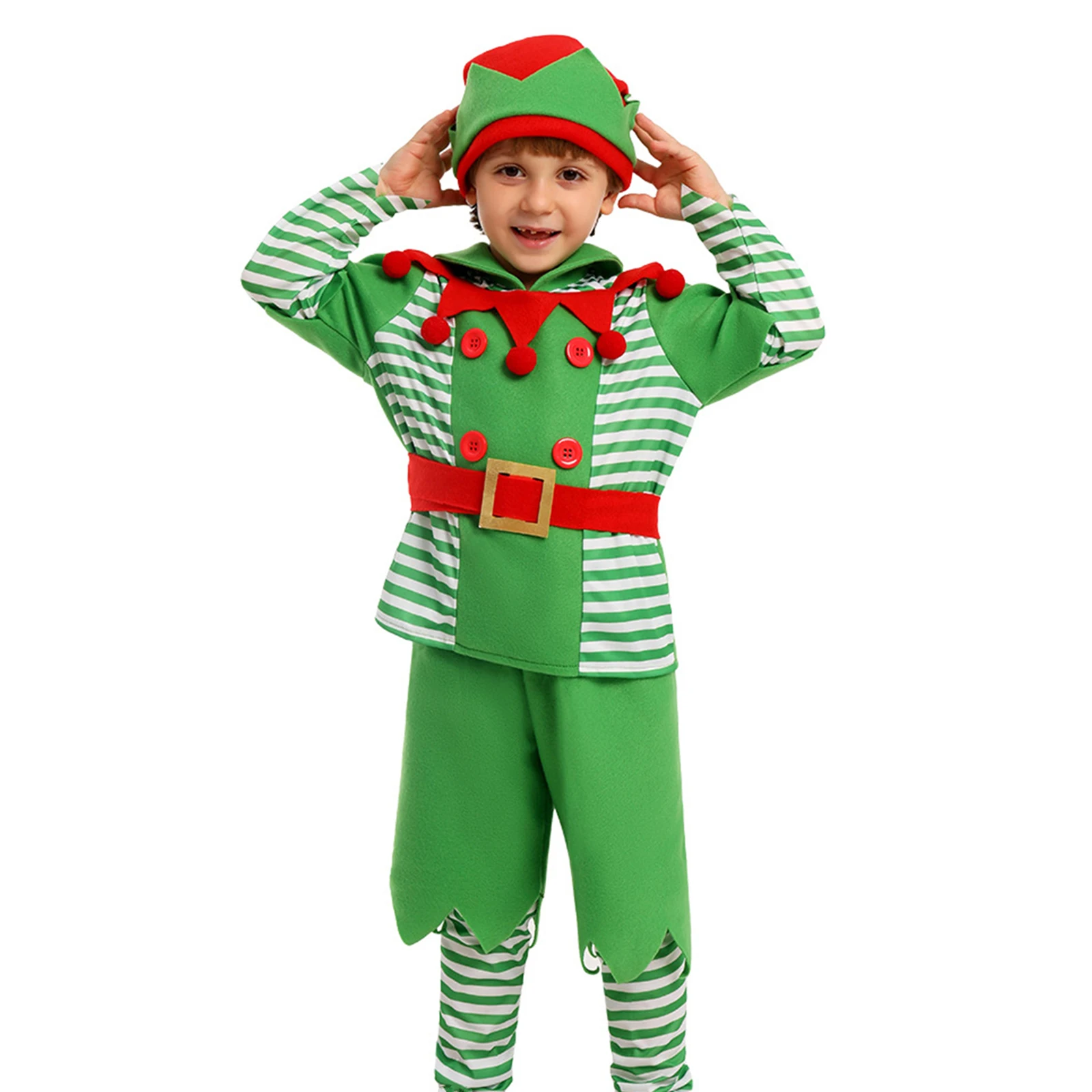 HEZIOWYUN Langarm-Tops + solide Shorts + gestreifte Beinwärmer + Gürtel + Hut Weihnachten Halloween Party Kid Elf Cosplay Kostüme Set