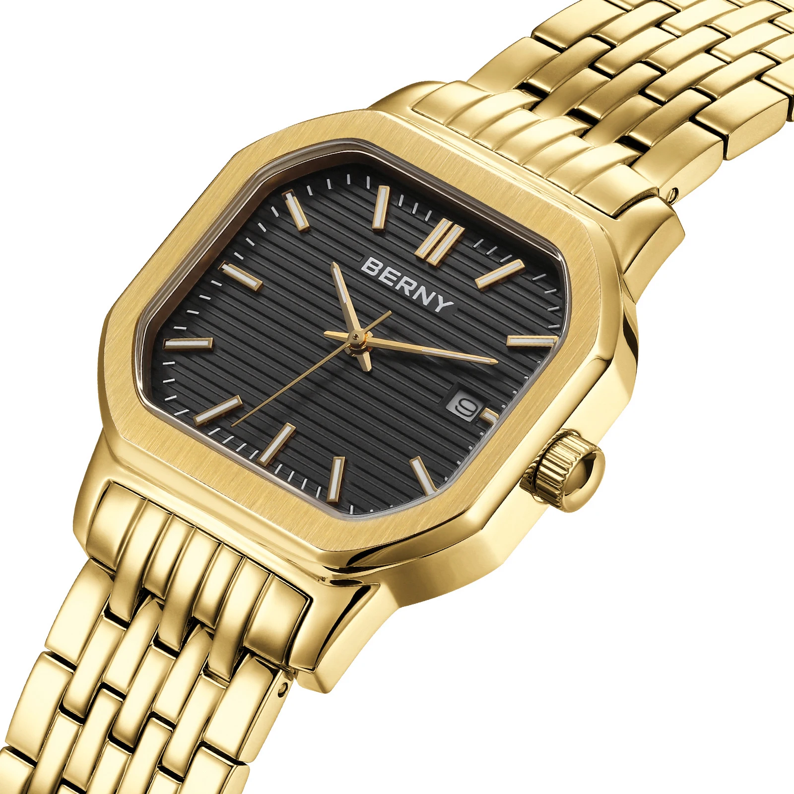BERNY Luxury Watches for Men Date Luminous Quartz Dress Golden Men's Watch Fashion Elegant Rectangle Dial Business Wristwatch