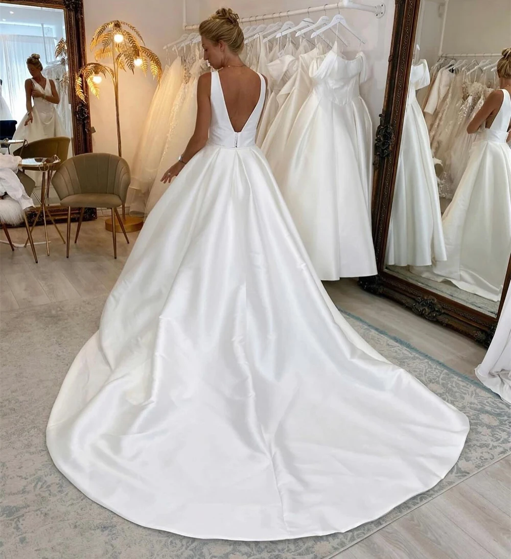 ROYCE Classic Deep V Neck Pleat Simple Sleeveless A Line Wedding Dress High Slit Floor Length Sweep Train Bride Of Woman Gown