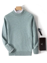 First-line of clothing Men 100% Merino Wool Sweater Spring Autumn Half High Collar Pullovers Sweater Long Sleeve Soft Knit Tops