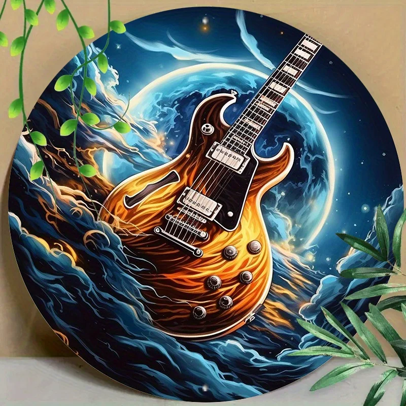 

Round Metal Aluminum Sign, Guitar, Rock, Ice Punk Sign for Home, Living Room, Coffee Shop, Office, Wall Decoration Art