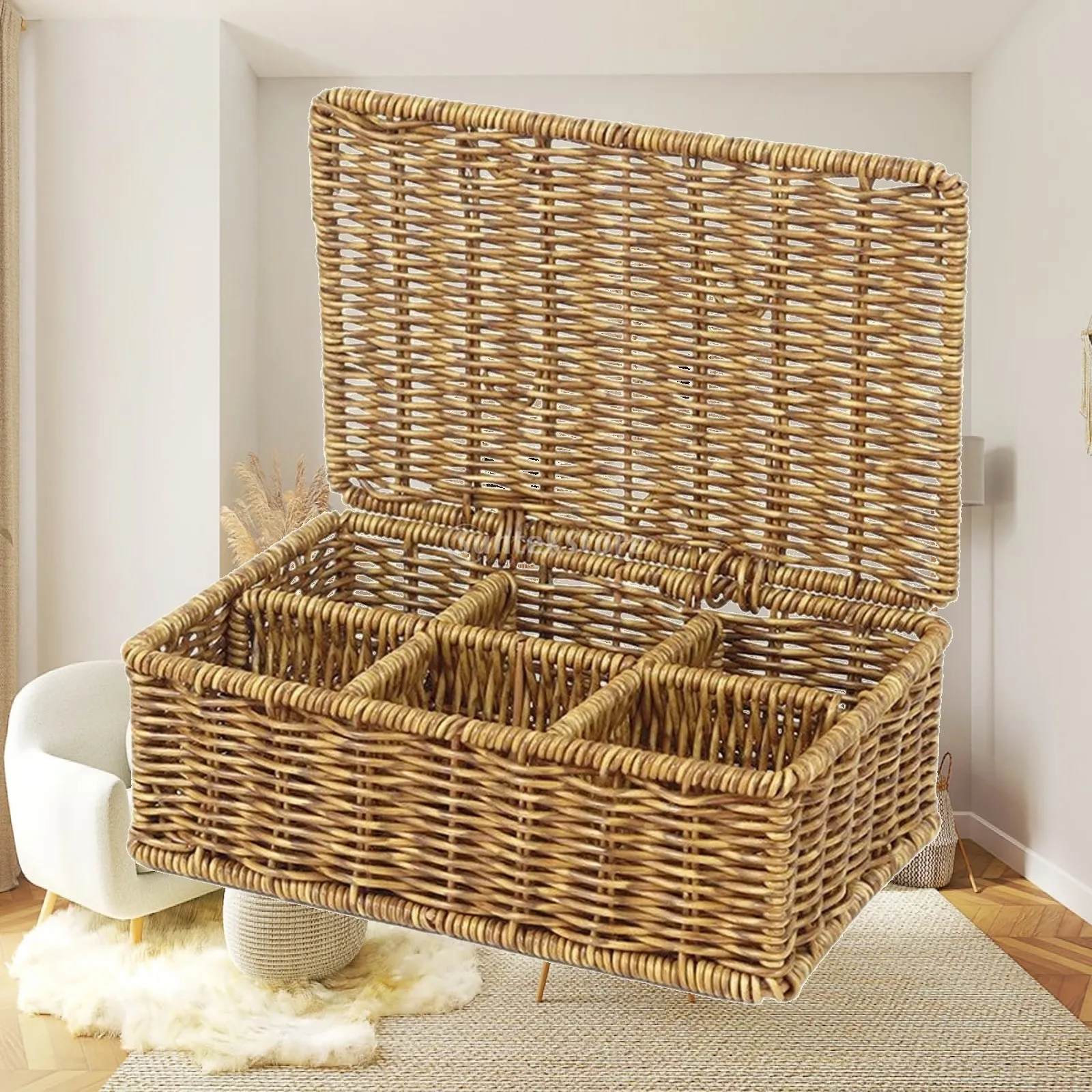 Rattan-Style Storage Basket Compact Compartmentalized Storage Basket with Internal Dividers Lightweight Lidded