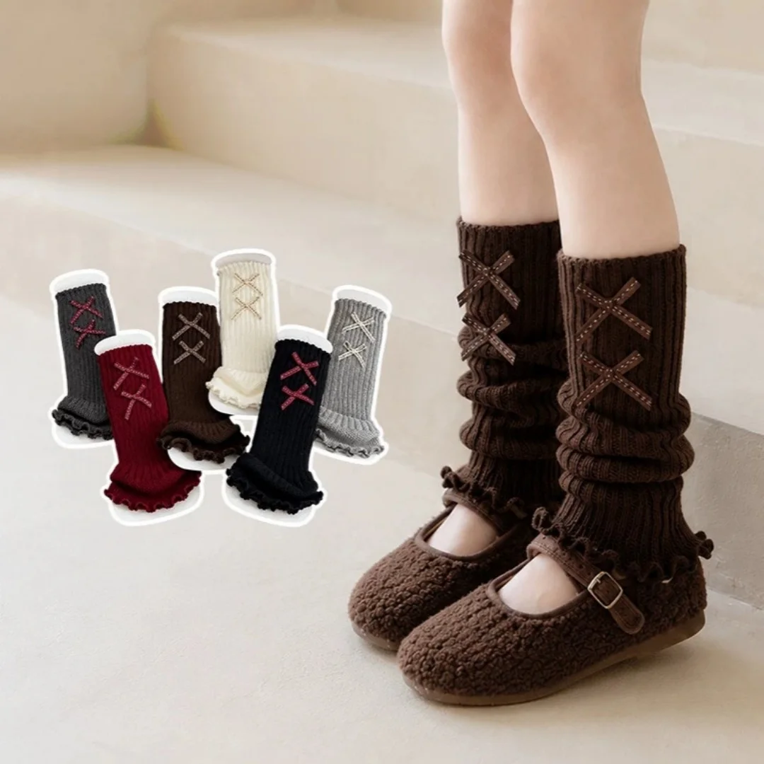 Autumn Girls Bow Knit Leg Warmers Korean Style Solid Warm Kids Mid Calf Sock for Girls 2026 New Sweet Soft Children Sock