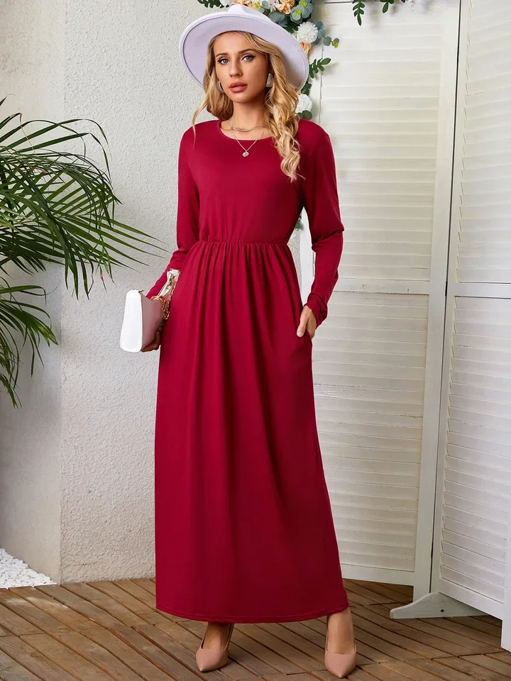 

Autumn And Winter New Cross-Border Goods Round Neck Long Sleeved Solid Color Casual Pocket Dress Floor Length Skirt