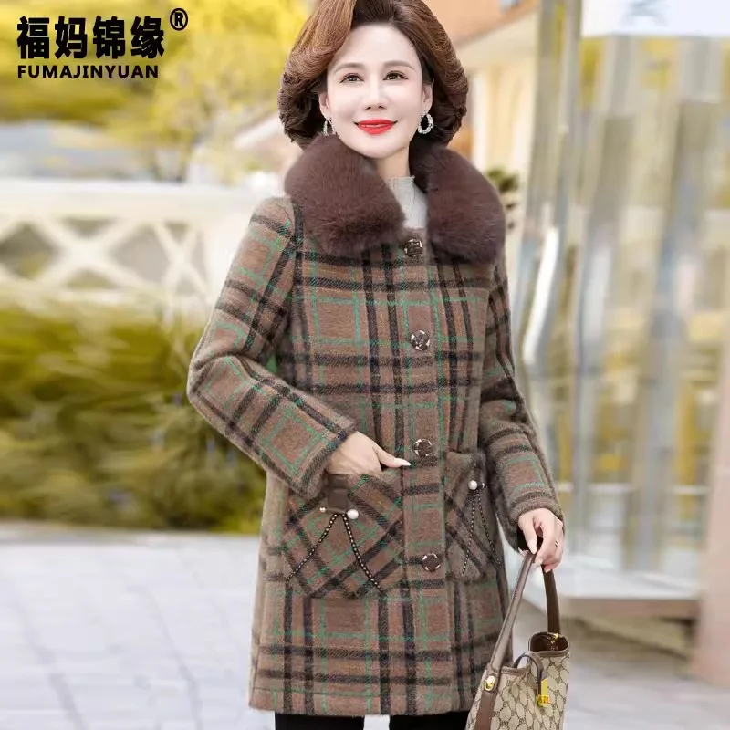 Middle Aged Mother\'s Fur Collar Woolen coat Winter Coat Plush Thickened New Autumn Plaid Coat For Middle-Aged And Elderly Women