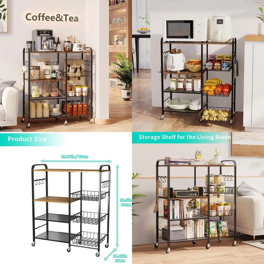 

4-Tier Rolling Microwave Cart with Pull-Out Baskets, Baker's Rack, and Coffee Bar for Home and Office Storage