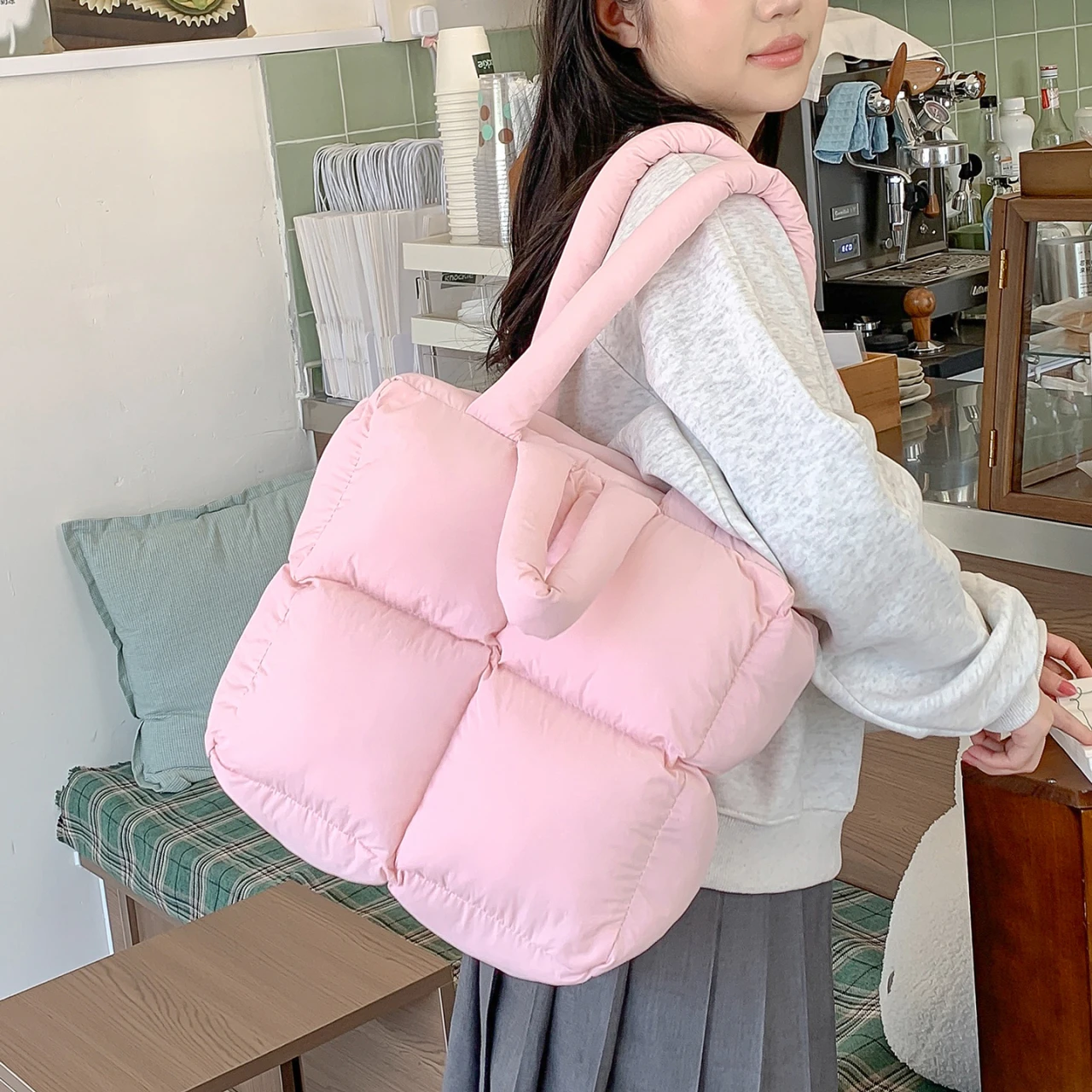 Cute Pink Puffer Tote Bag Women Soft Quilted Shoulder Bag Large Capacity Cloud Pillow Handbag Casual Lightweight Shopping Bags view 2