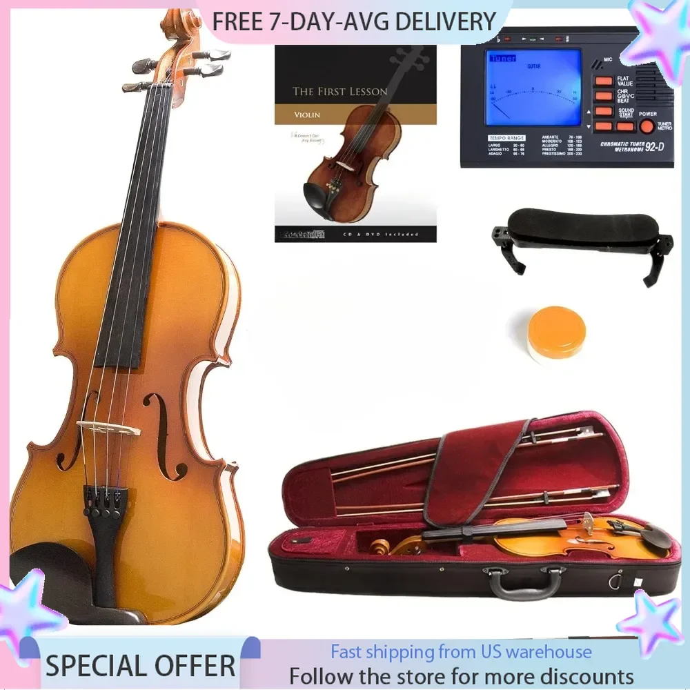 Violin Instrument - Size 4/4 Acoustic Violin with Bow, Case, Tuner, Metronome & Extra Strings, Kids & Beginner Violin