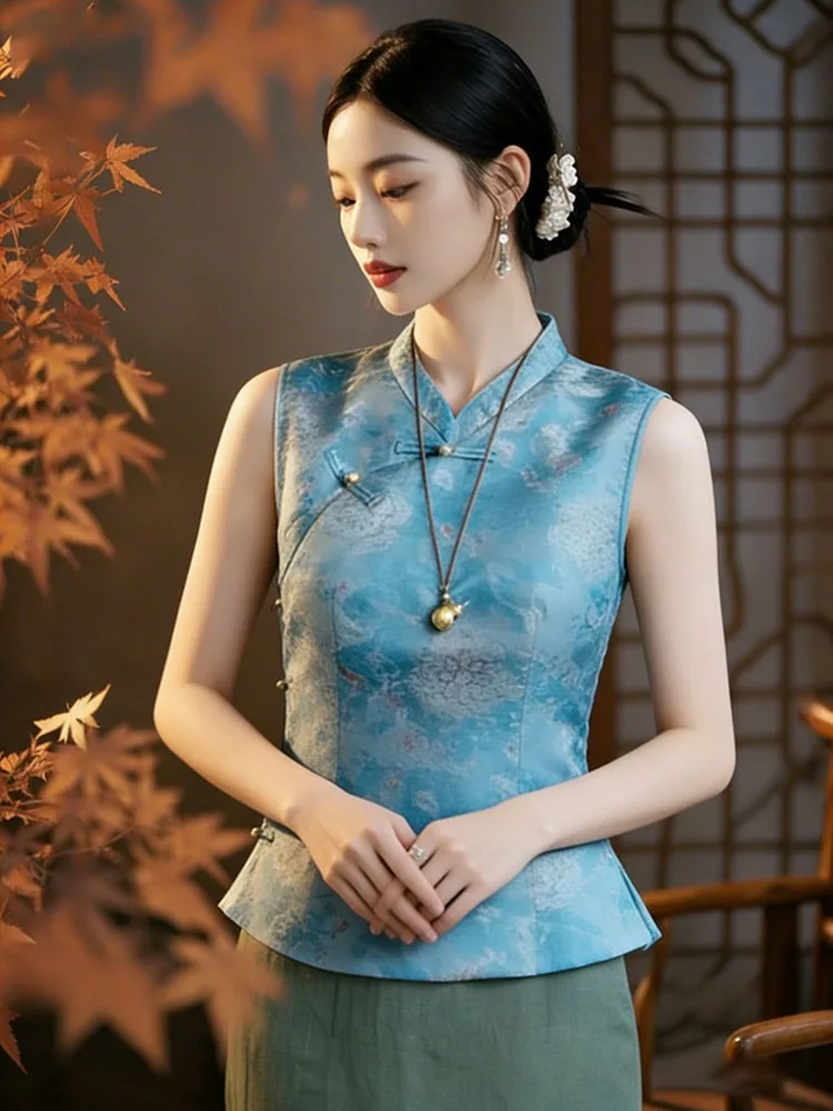 

Elegant Blue Floral Embroidery Shirt Waist-Cut No-Sleeve Top Button Design Summer New Chinese Style Women's Fashion Blouse