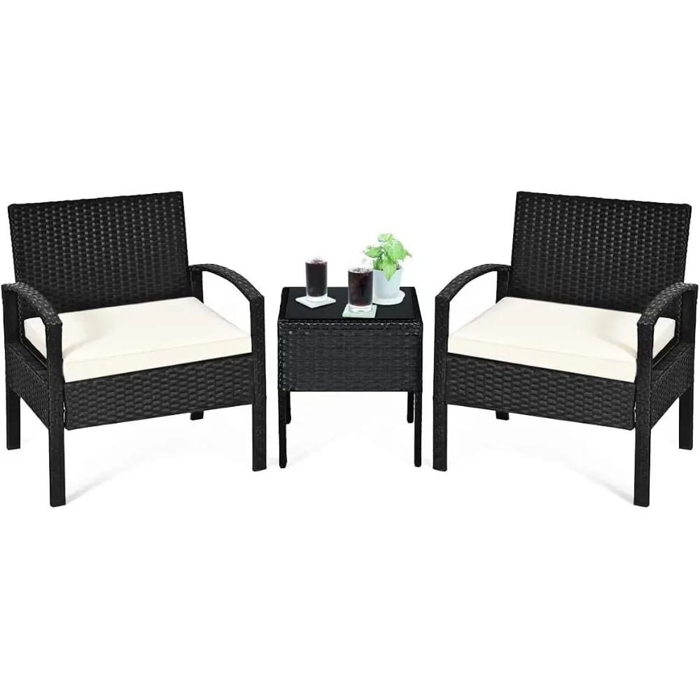 

3 Pieces Patio Conversation Set, Outdoor Rattan Wicker Table Chairs Set with Seat Cushions, Modern Bistro Furniture Set for Gar