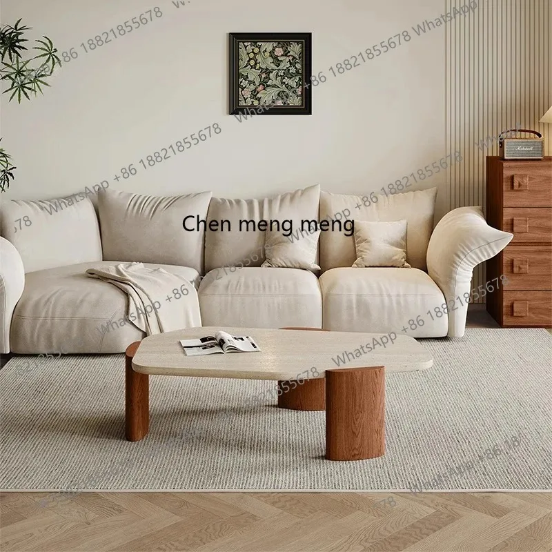 H  Retro natural travertine coffee table, marble black, Roman travertine solid wood, tea table