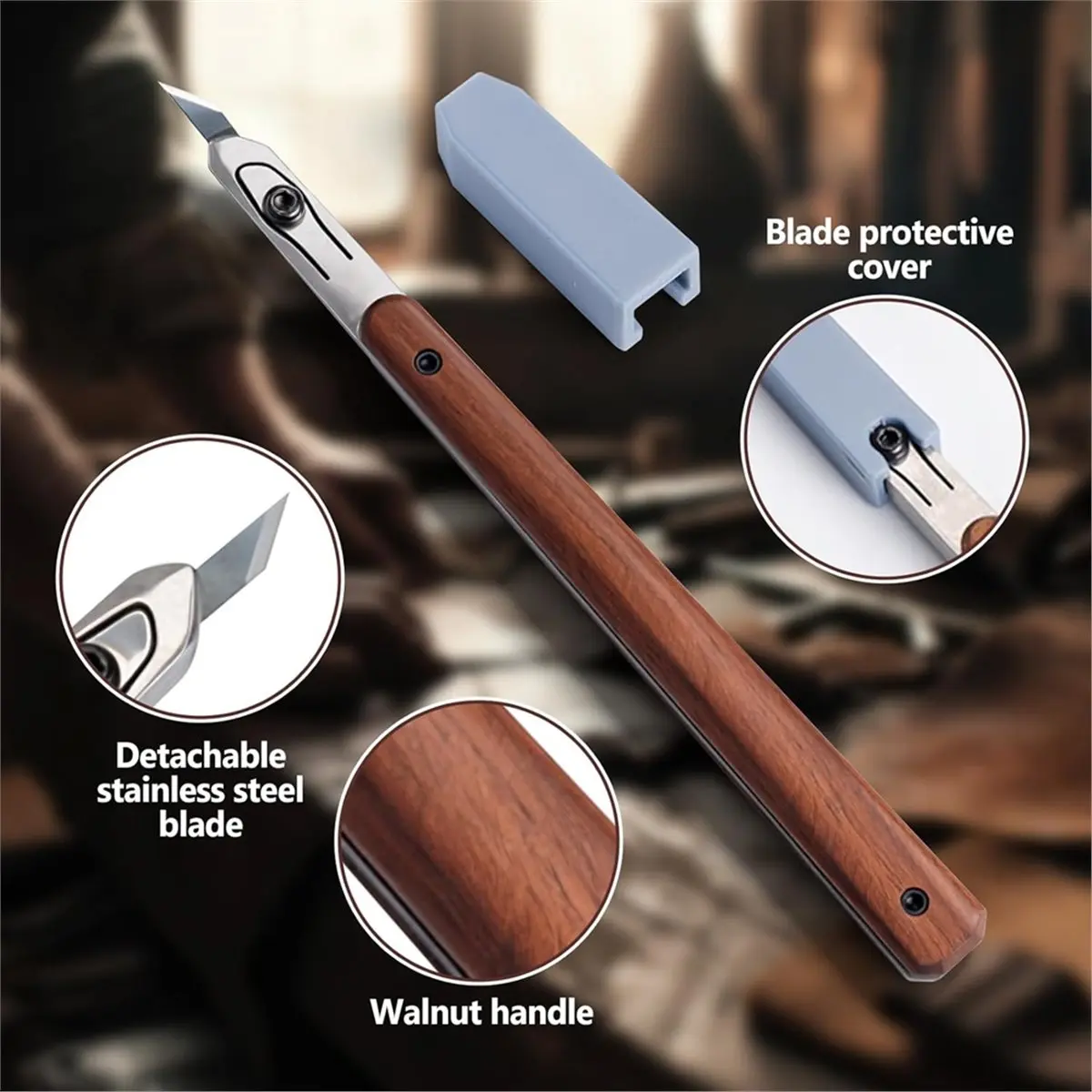 STOCK-Percision Leather Knife, Pointed Cutting Wooden Handle with 3 Pcs Replacement Blades and Protective Case, for Cutting