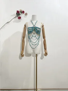 حمالة صدر بيكيني لامعة مصنوعة يدويًا للنساء ، لون فيروزي ، حبة حجرية ، سلسلة جسم ، مفرغة ، ملابس شاطئ للعطلات ، لينجى مثيرة ، H80 و 90 ، جديدة