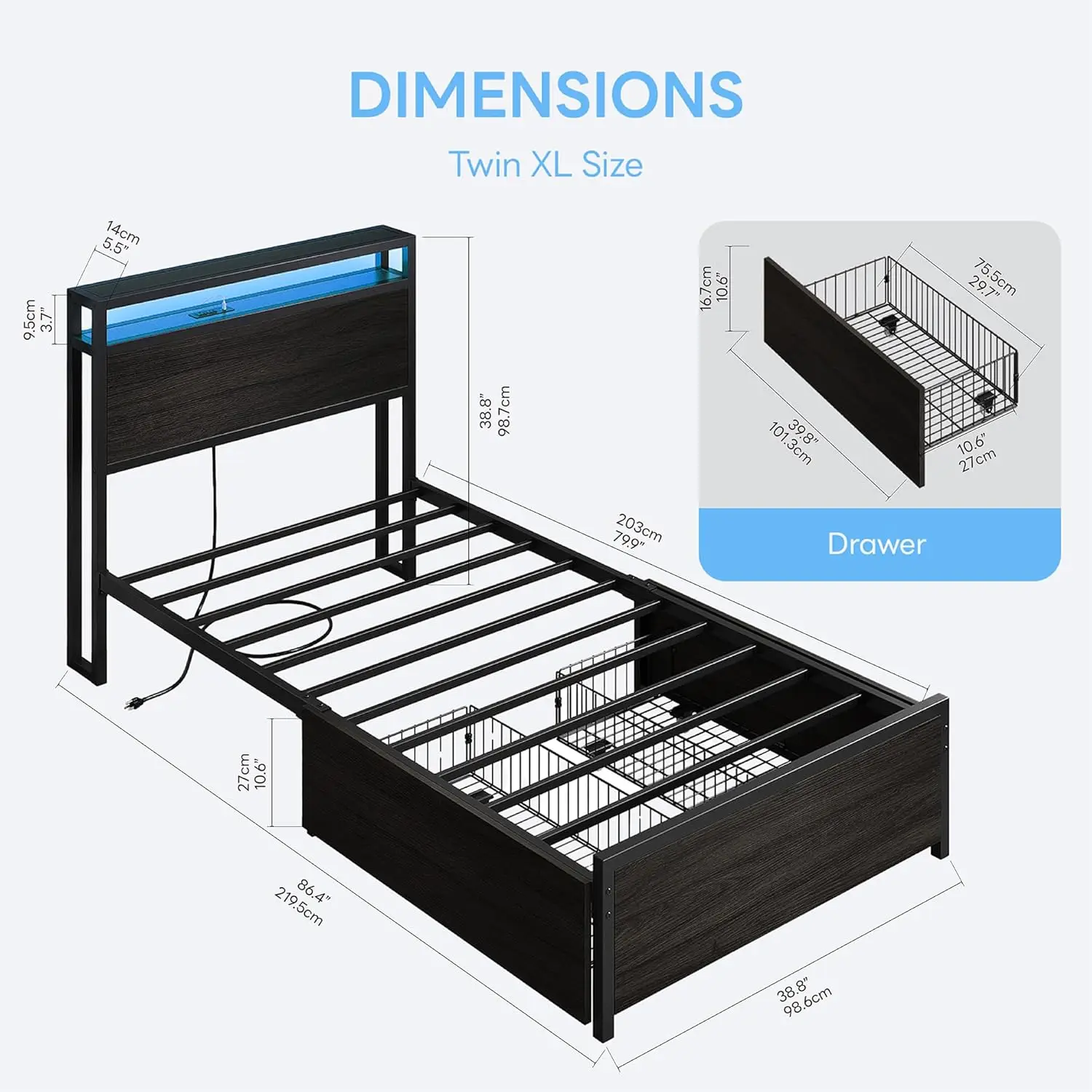 Twin XL Bed Frame with DIY Layout Storage Drawers and LED Light | Black Platform Bed with 2-Tier Storage Shelf, Customized