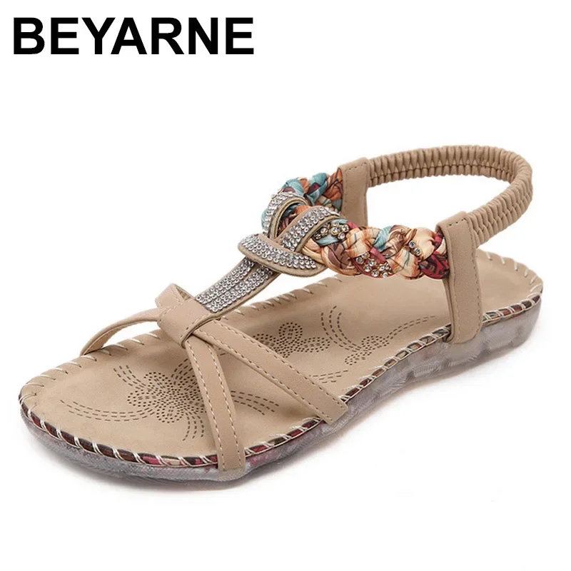 BEYARNE Boho Bohemian National Rhinestone Crystal Diamond Flat Shoes Women Sandals Summer Ethnic Beach Casual Shoes Plus Size45