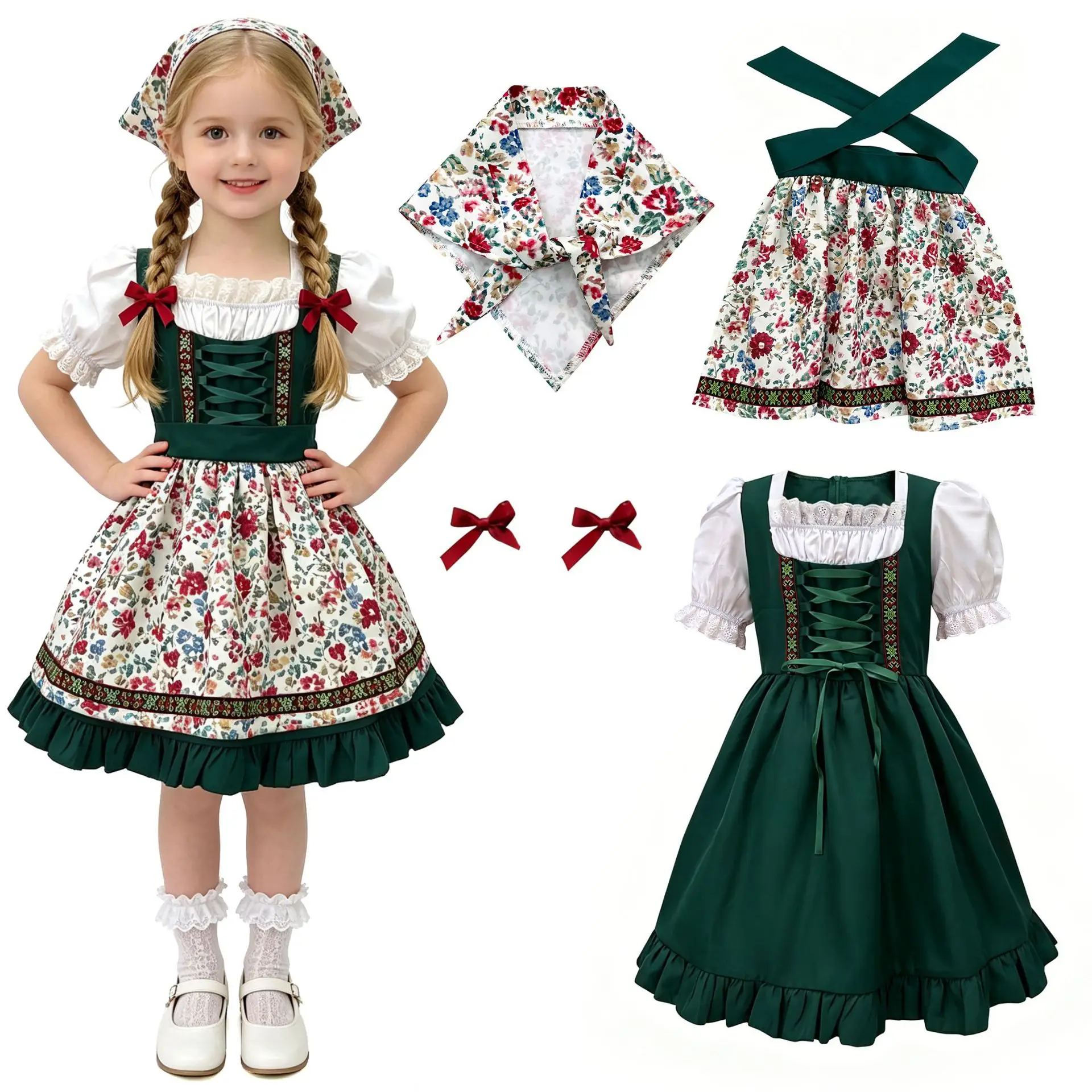 Children Dirndl Floral Dress With 4 Piece Accessories Set Children Oktoberfest Carnival Party Stage Performance Dress Up Clothes
