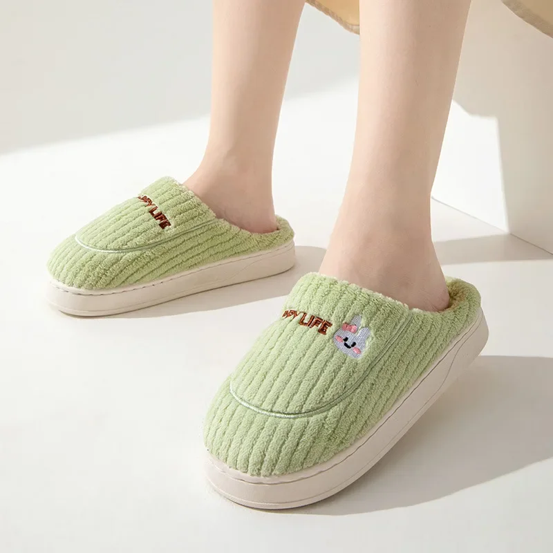 Women Winter Warm Cotton Slippers Furry Plush Slides Round Toe Flats Soft Sole Non Slip Home Bedroom Floor Slippers Ladies Shoes