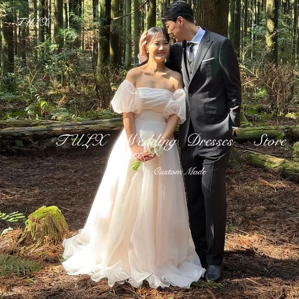 

TULX Simple A line Wedding Photo Shoot Dress Strapless Puff Sleeves Korea Organza Bridal Gowns Long Corset 웨딩드레스 Customized 2025