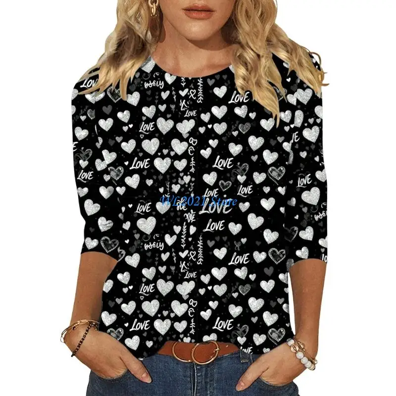 

G5GC Women's Valentine's Day Heart Print Three-Quarter Sleeve Casual T-Shirt