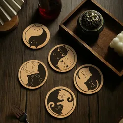 Fashion Engraved Coffee Lovely Cat Coffee Mug Drinks Holder for Kitchen Natural Wooden Mat Tableware Round Drink Cork Coaster