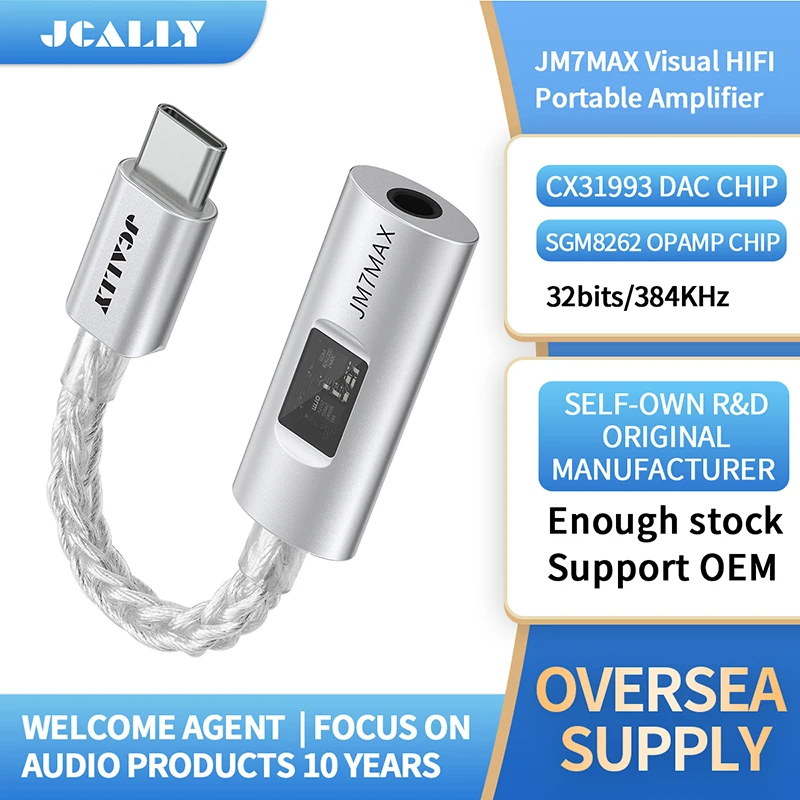 JCALLY JM7MAX Type-C Portable Amplifier Visual HiFi USB To 3.5mm Digital CX31993 DAC Adapter for Android/Apple Support Mic