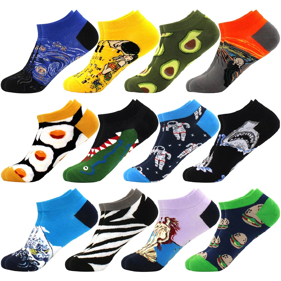 springtime Fashion Colorful Cotton Mens Socks Harajuku Stripe Art oil painting Animal Print Funny Happy Ankle Socks