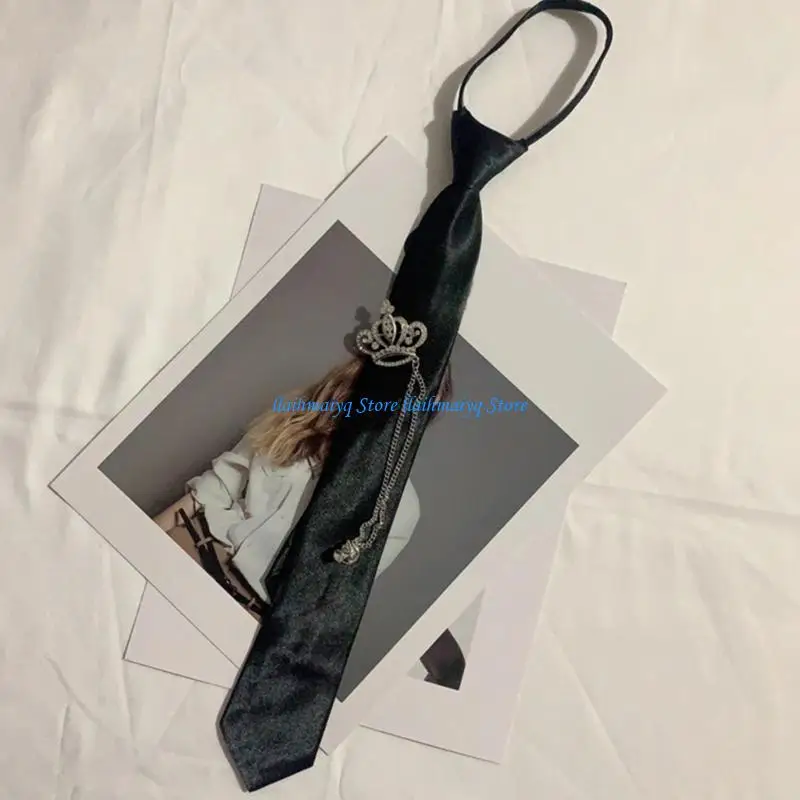 573B Punk Pre Tied Black Ties with Bear Metal Chain for Women Girls for Normal Shirt Or Blouse Uniform Pre Tied