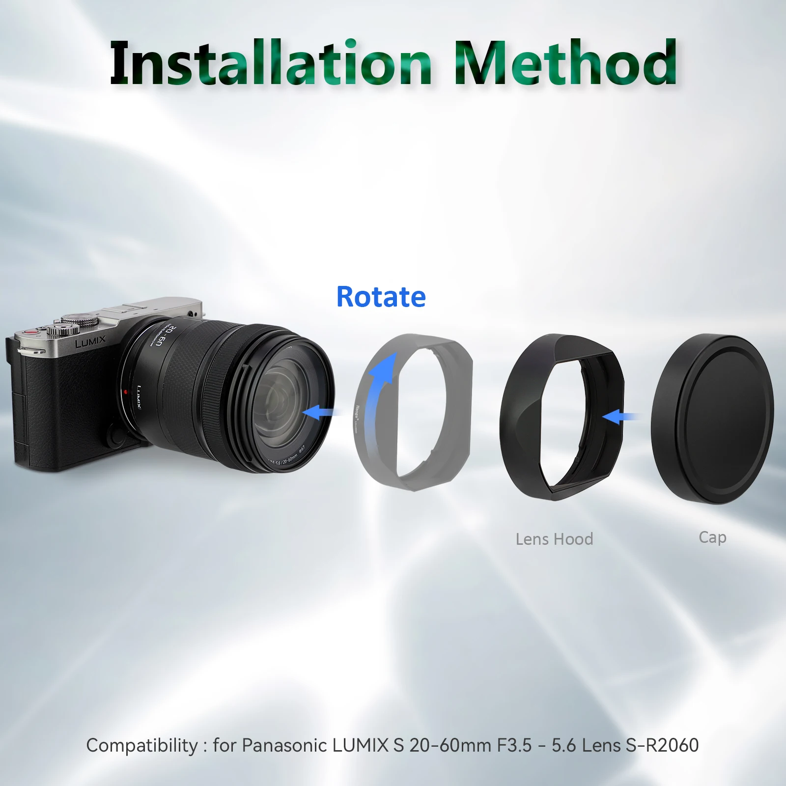 Haoge غطاء عدسة معدني مربع لباناسونيك LUMIX S 20-60 مللي متر F3.5 - 5.6 عدسة مع مجموعة غطاء معدني S-R2060 ظلال حربة الملحقات