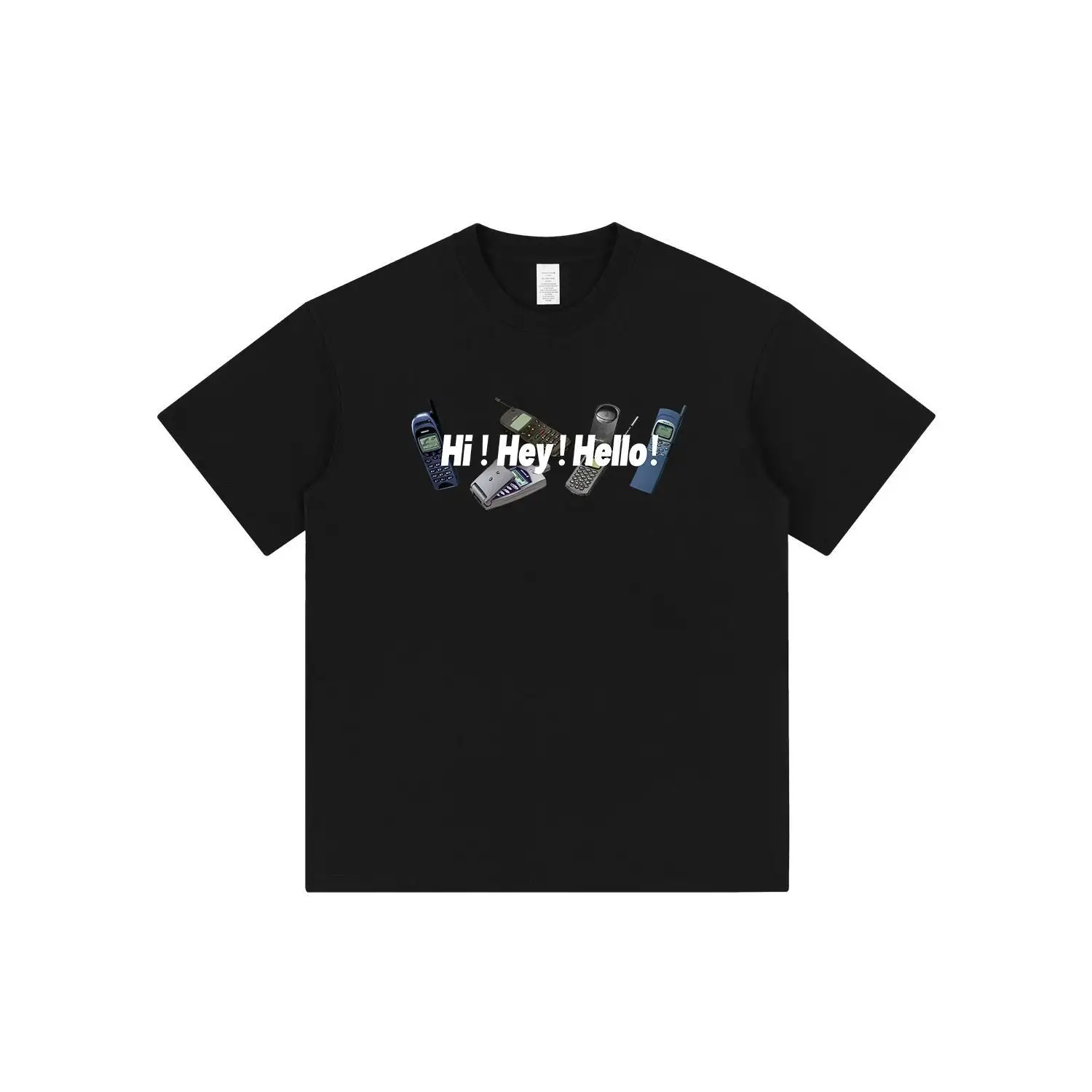 

Американская ретро старомодная футболка из чистого хлопка с принтом мобильного телефона и короткими рукавами, мужская летняя свободная футболка в уличном стиле с круглым вырезом