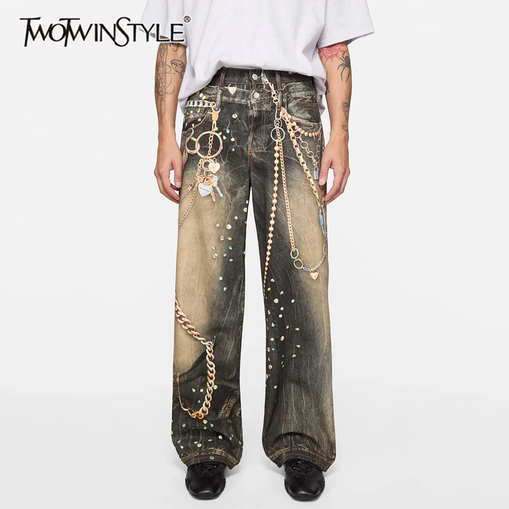 

TWOTWINSTYLE Y2K Street Gradient Wash Rivet Accent Wide Jeans for Women High Waist 3D Decorative Printing for Vintage Markets