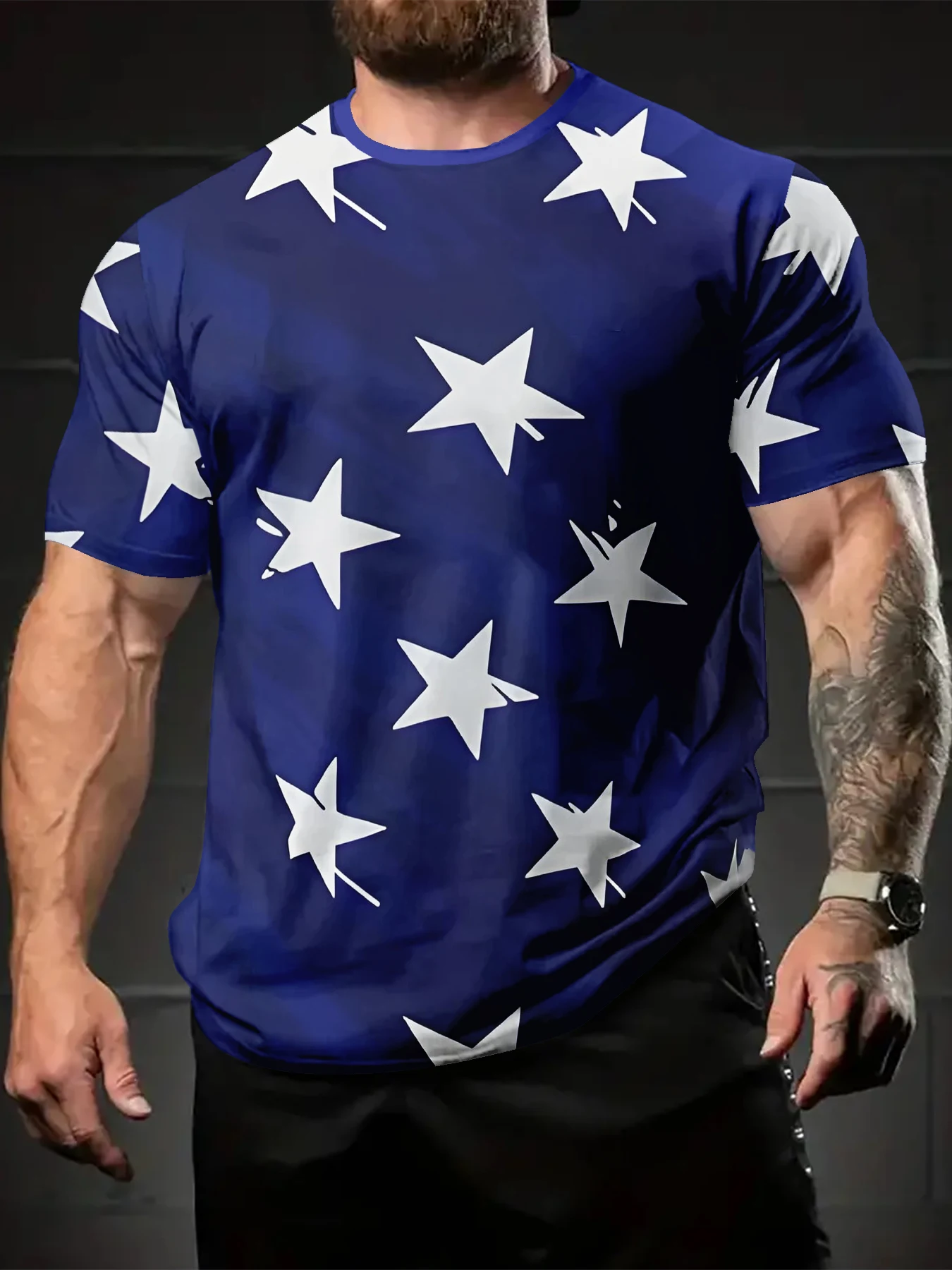 Full Print White Five Pointed Star Men Casual Short Sleeve Tee