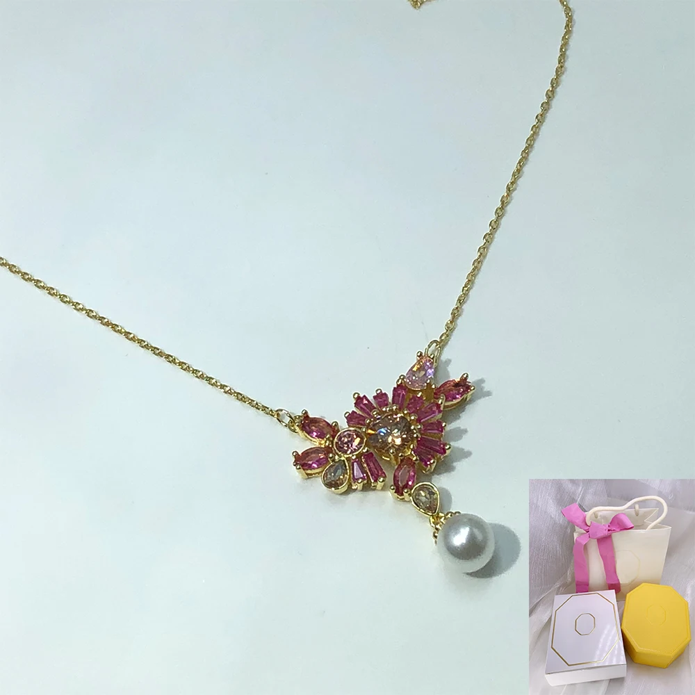 

New Fashion Gema Pendant Mixed Cutting Imitation Crystal Pearl Pink Flower Exquisite Women's Jewelry Gift