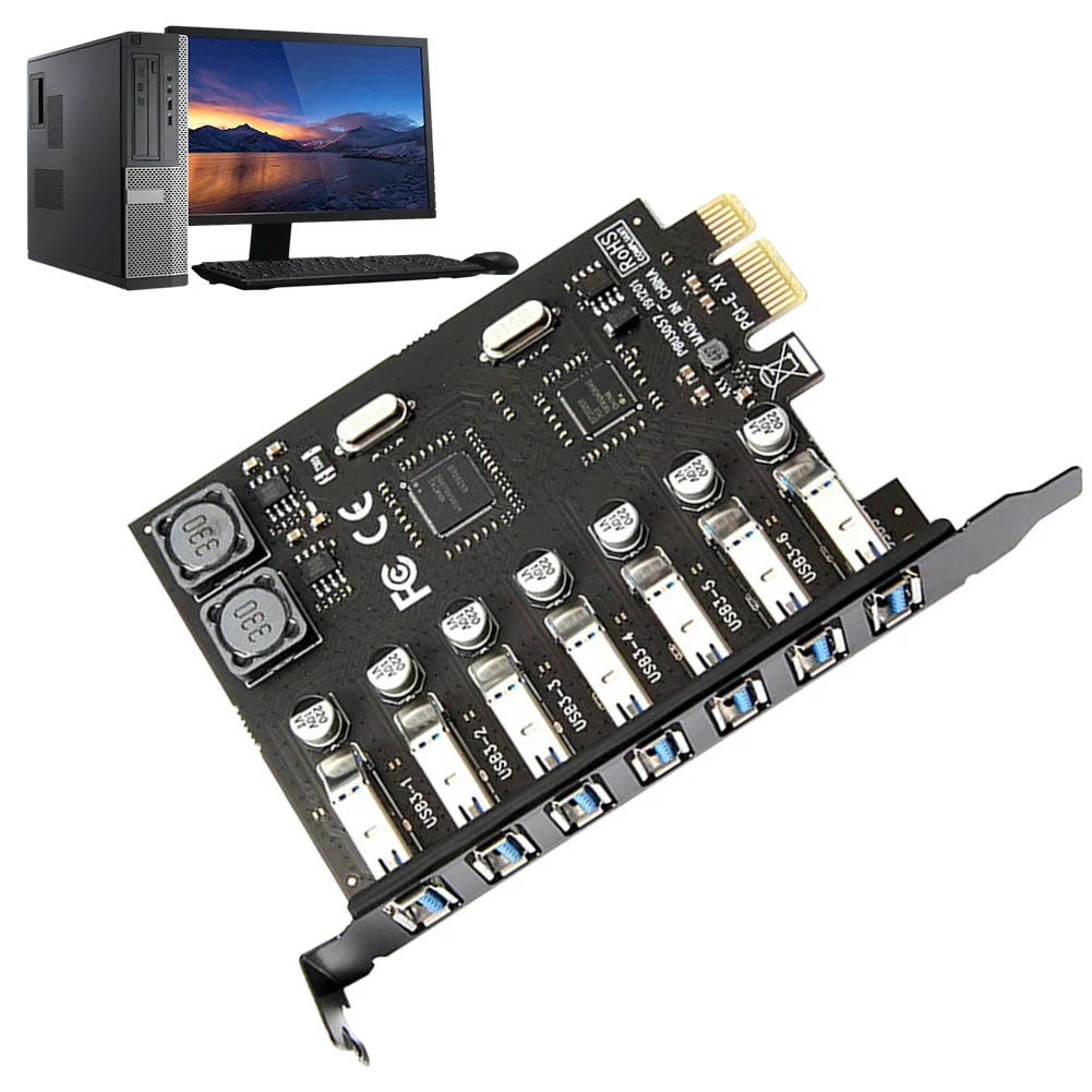 

7 Ports USB 3.0 PCI-E Expansion Card Adapter 5Gbps USB 3.0 Front Controller Adapter Card External Controller for Desktop