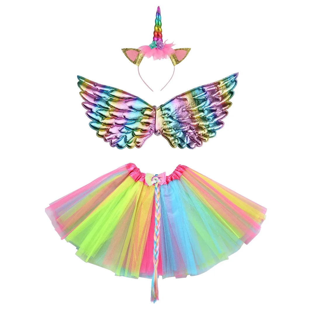 Girls Mini Skirt with Wings Braid Unicorn Tutu Skirt Outfit for Kids Birthday Party Tulle Skirt Set Christmas Halloween Costumes
