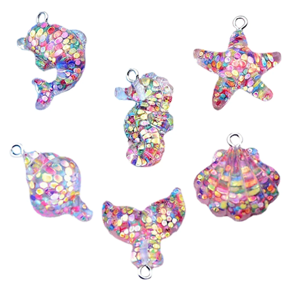 

6pcs Ocean Theme Pendants DIY Necklace Charms Sequin Epoxy Jewelry Making Accessories Beach Decorations Lightweight
