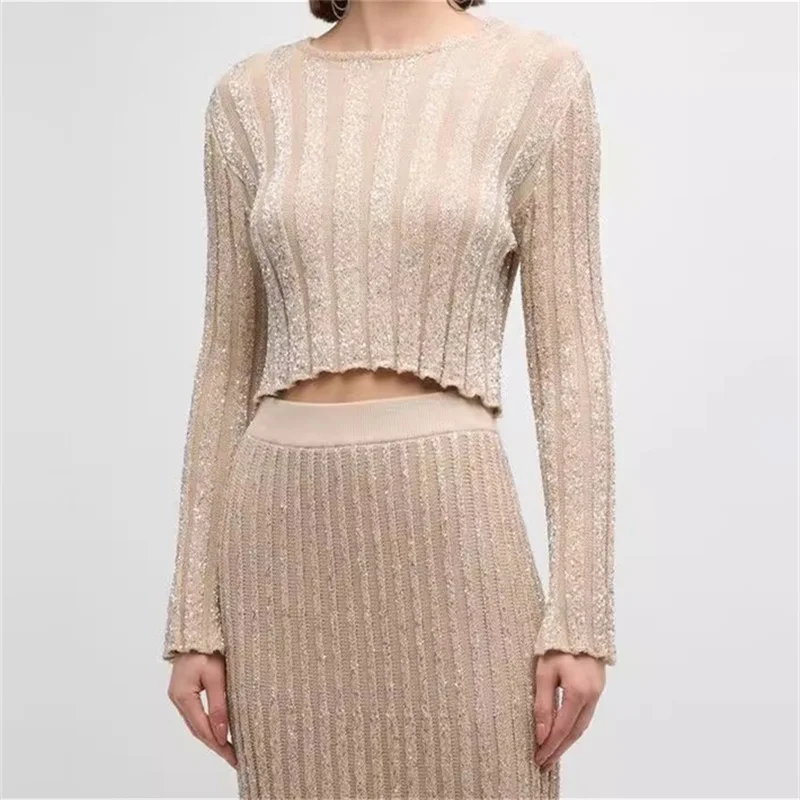 

Sweaters for women 2024 Summer New Fashion Sequin Decoration Long sleeved Top Elastic knitted slim round neck pullover knitwear