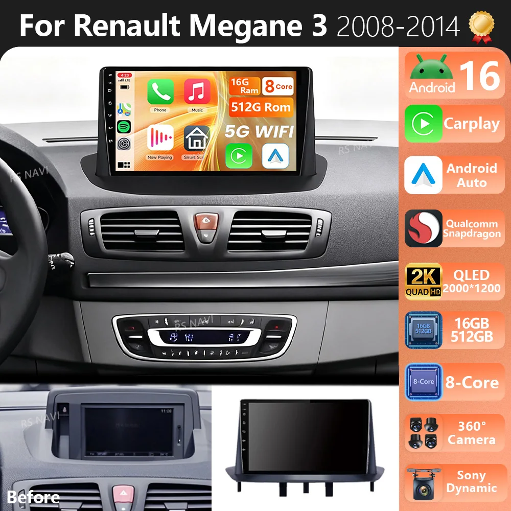 Radio de coche Android 16 Plug and Play para Renault Megane 3 RS Fluence Samsung SM3 2008 2010 2014, reproductor estéreo con CarPlay