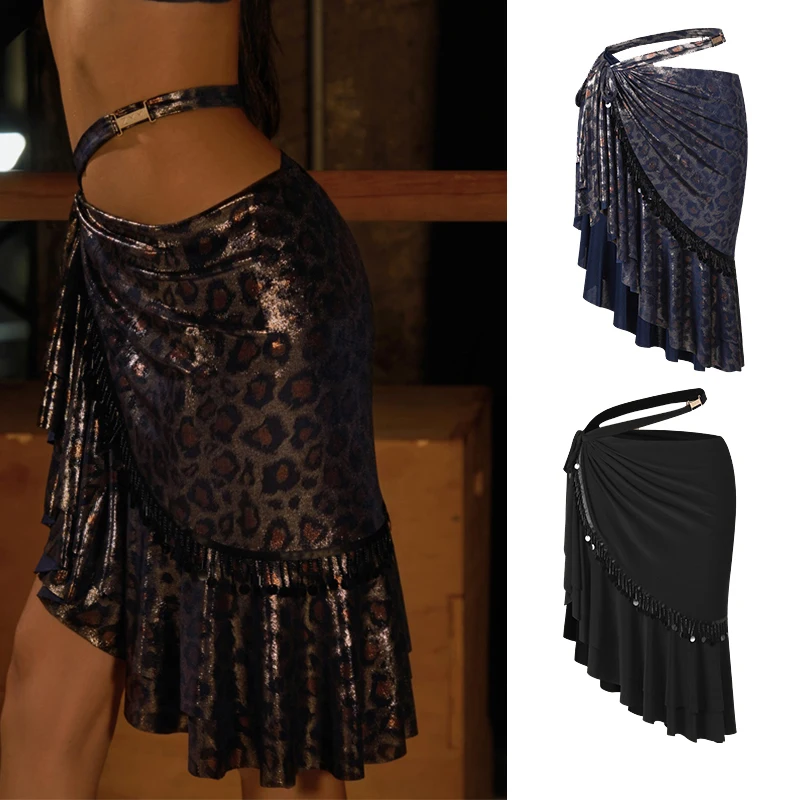 ZYM تنورة رقص اللاتينية النساء ممارسة الملابس غير النظامية تنورة سوداء حبة الترتر هامش وشاح الورك الكبار رومبا Dancewear DNV25387