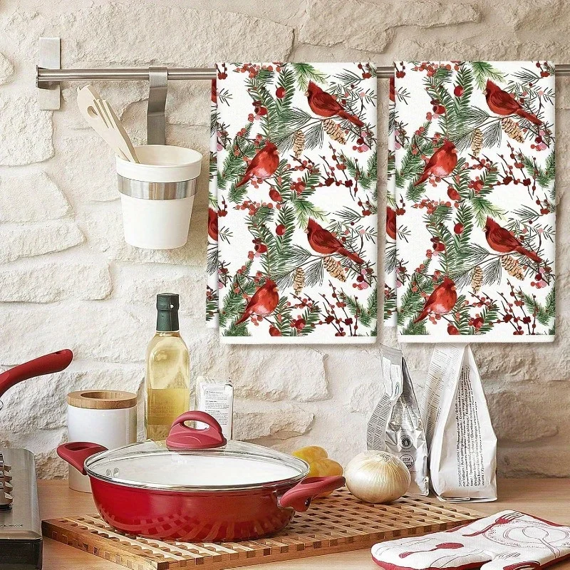 Christmas Watercolor Cardinal Berry Design Dish Towel Set Cleaning Supplies Absorbent Bar Hand Dishcloths Christmas Decorations