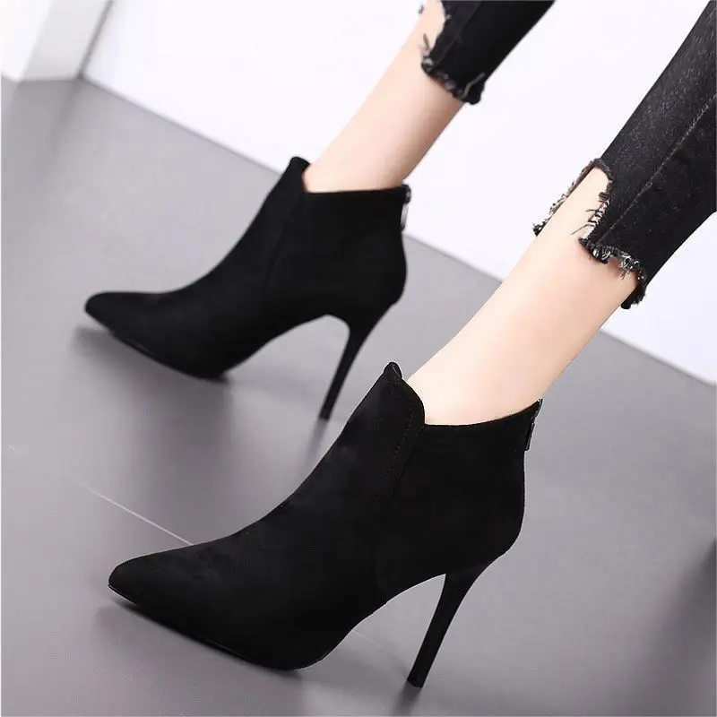 Women's Ankle Boots Sexy Pointed Toe Booties Black Female Short Shoes Very High Heels Heeled on Offer Autumn Chic and Elegant Pu