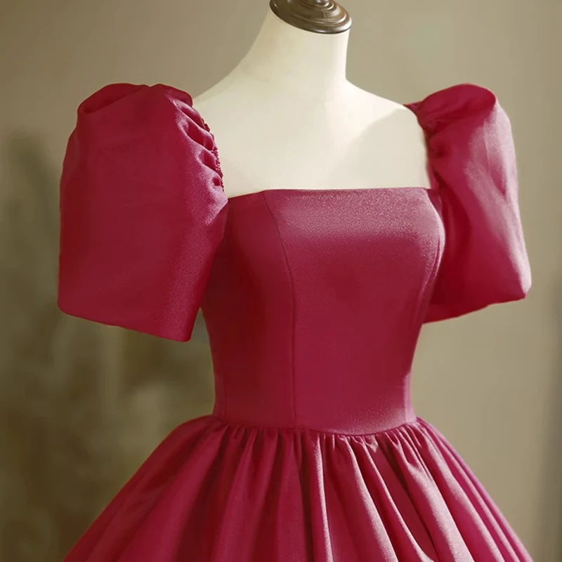 AnXin SH vintage princess wine red satin sweetheart short puff sleeves stage ball gown lace up party customized evening dress image 5