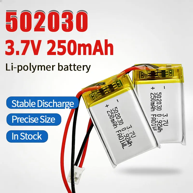 502030 Lipo Batterie 3,7 V 250mAh Polymer wiederauf ladbare Batterien ph 2,0 für Bluetooth-Headset Gesangs maschine Auto Recorder Spielzeug