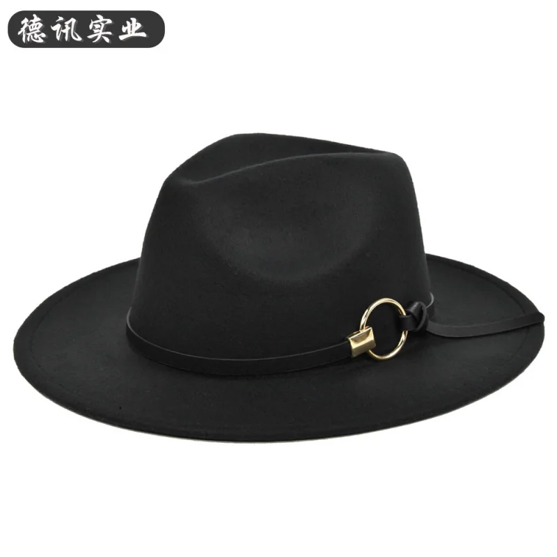 Amazon Fedora Spring, Autumn and Winter Woolen Vintage Broad-Brimmed Black Top Hat Big Ring Belt